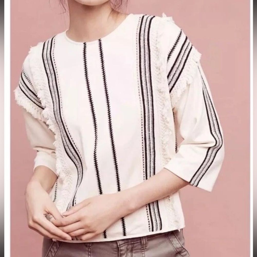 ANTHROPOLOGIE ERI + ALI Fringe Top Trim Black Cream Blouse Women’s Size XS - Picture 2 of 6